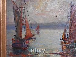 Tableau Ancien Peinture Huile Marine Bord de Mer Saint Tropez Bateaux Voiliers