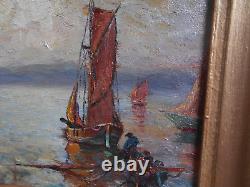 Tableau Ancien Peinture Huile Marine Bord de Mer Saint Tropez Bateaux Voiliers