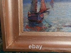 Tableau Ancien Peinture Huile Marine Bord de Mer Saint Tropez Bateaux Voiliers