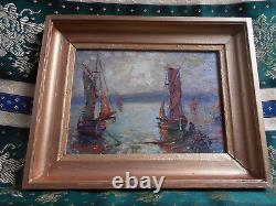 Tableau Ancien Peinture Huile Marine Bord de Mer Saint Tropez Bateaux Voiliers