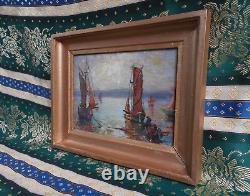 Tableau Ancien Peinture Huile Marine Bord de Mer Saint Tropez Bateaux Voiliers