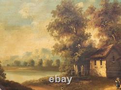 Tableau Ancien signée École Française Paysage Animées Peinture huile sur panneau