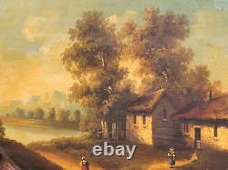 Tableau Ancien signée École Française Paysage Animées Peinture huile sur panneau