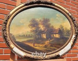 Tableau Ancien signée École Française Paysage Animées Peinture huile sur panneau
