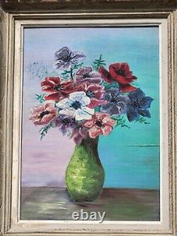 Tableau. Bouquet de Fleurs dans un Vase Peinture huile sur panneau de bois