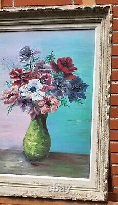 Tableau. Bouquet de Fleurs dans un Vase Peinture huile sur panneau de bois