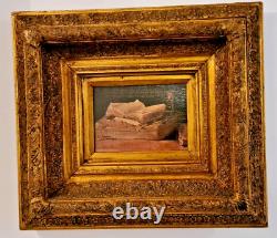 Tableau, Cadre doré ancien bois/plâtre +Peinture vintage à l'huile sur toile/FR