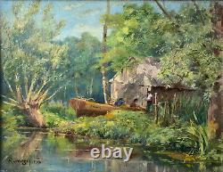 Tableau HSP 1917 signé Romezin Cabane au bord de l'eau + cadre