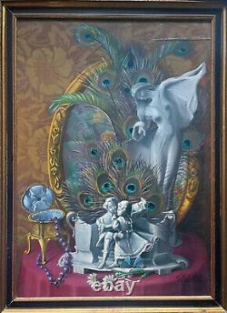 Tableau HSP Nature morte aux plumes de Paon signé Michaëlidès