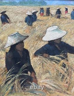 Tableau HSP Paysage de moisson du Vietnam signé ManoJ 1984