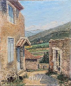 Tableau HSP Vue de Mirmande Drôme, Village et vigne signé Raymond Rigal