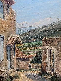 Tableau HSP Vue de Mirmande Drôme, Village et vigne signé Raymond Rigal