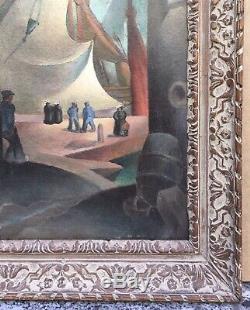 Tableau Huile Style Cubiste Emmanuel Poirier Port Bateaux Marins 1930 Encadré
