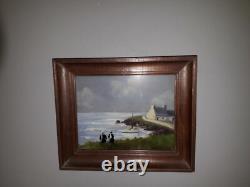 Tableau Huile Sur Bois Et Verre Deux Bigoudenes Et Paysage Bord De Mer Bretagne