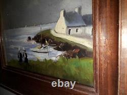 Tableau Huile Sur Bois Et Verre Deux Bigoudenes Et Paysage Bord De Mer Bretagne