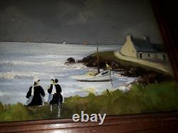Tableau Huile Sur Bois Et Verre Deux Bigoudenes Et Paysage Bord De Mer Bretagne