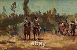 Tableau Huile Sur Bois Paysage Avec Chevaux, Signé Encadré