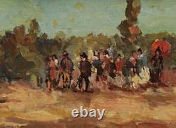 Tableau Huile Sur Bois Paysage Avec Chevaux, Signé Encadré