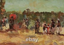Tableau Huile Sur Bois Paysage Avec Chevaux, Signé Encadré