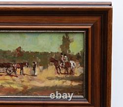 Tableau Huile Sur Bois Paysage Avec Chevaux, Signé Encadré