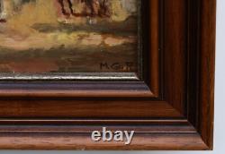 Tableau Huile Sur Bois Paysage Avec Chevaux, Signé Encadré