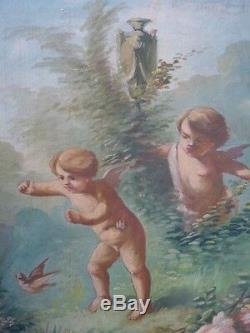Tableau, Huile Sur Bois, Putti Jouants Et l'Oiseau, époque Vers 1900