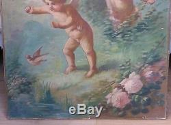 Tableau, Huile Sur Bois, Putti Jouants Et l'Oiseau, époque Vers 1900
