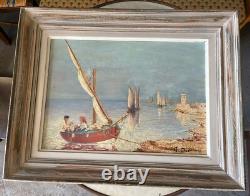 Tableau Huile Sur Bois Signé À Déterminer Paysage Maritime Bateau De Pêche