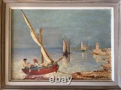 Tableau Huile Sur Bois Signé À Déterminer Paysage Maritime Bateau De Pêche