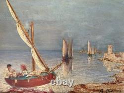 Tableau Huile Sur Bois Signé À Déterminer Paysage Maritime Bateau De Pêche