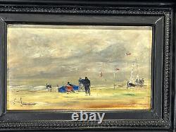 Tableau / Huile Sur Panneau Bois La Plage A Deauville Encadré Et Signé