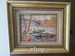 Tableau Huile Sur Toile XXe Pêcheur Barques Cadre Bois Doré