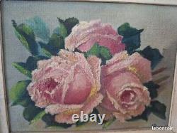 Tableau Huile sur Bois roses signé