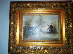 Tableau Huile sur bois Maison de campagne avec un moulin Signé Léry