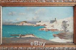 Tableau Huile sur bois Paysage Marine Fort au large Marseille H DE CUEJA XIXe