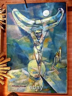 Tableau Huile sur bois représentantt christ sur croix signé GROSJEAN