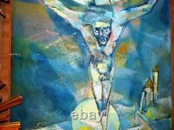 Tableau Huile sur bois représentantt christ sur croix signé GROSJEAN
