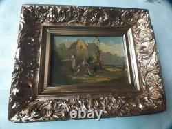 Tableau Huile sur bois scène de ferme avec poules