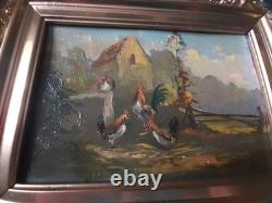 Tableau Huile sur bois scène de ferme avec poules