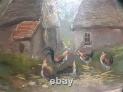 Tableau Huile sur bois scène de ferme avec poules