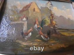Tableau Huile sur bois scène de ferme avec poules