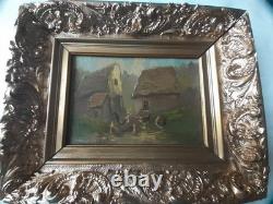 Tableau Huile sur bois scène de ferme avec poules