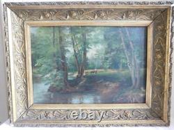 Tableau Huile sur toile Sous bois à la bergère école française Barbizon XIXème