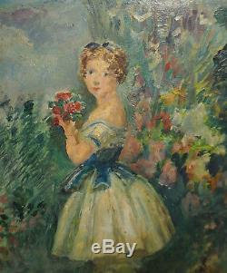 Tableau Jeune fille / jardin fleuri par Maxime BOULARD DE VILLENEUVE (1884-1971)