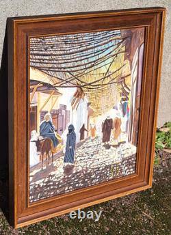 Tableau Orientalisme KASBAH Ruelle Animée Peinture huile sur panneau de bois