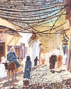 Tableau Orientalisme KASBAH Ruelle Animée Peinture huile sur panneau de bois