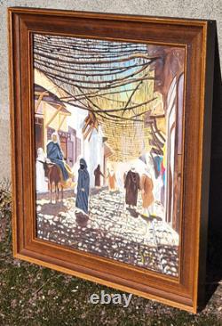 Tableau Orientalisme KASBAH Ruelle Animée Peinture huile sur panneau de bois