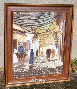 Tableau Orientalisme KASBAH Ruelle Animée Peinture huile sur panneau de bois