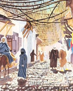 Tableau Orientalisme KASBAH Ruelle Animée Peinture huile sur panneau de bois