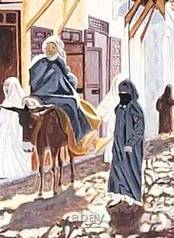 Tableau Orientalisme KASBAH Ruelle Animée Peinture huile sur panneau de bois